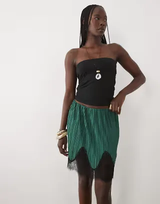ASOS DESIGN mix & match plisse mini skirt in teal with black lace trim