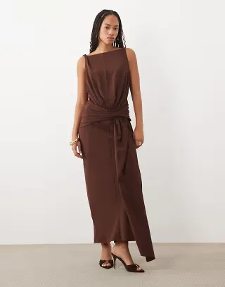 ASOS DESIGN column maxi dress with drape detail in chocolate