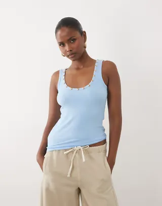 Never Fully Dressed studded ribbed scoop neck tank top in light blue