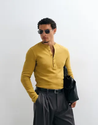 ASOS DESIGN slim fit long sleeve T-shirt with henley in yellow waffle