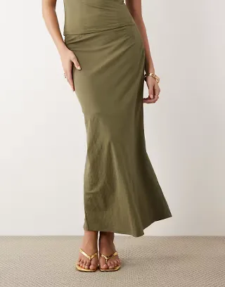 ASOS DESIGN linen look bias maxi skirt in khaki green - part of a set
