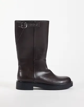 ASOS DESIGN Culhane pull on trucker mid calf boots in chocolate