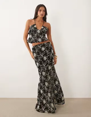 ASOS DESIGN embroidered crochet halter top set in mono