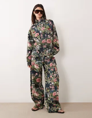 ASOS DESIGN funnel neck longline jacket & baggy bow pants set in floral tapestry print