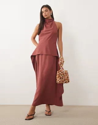 ASOS DESIGN cowl neck double layer maxi dress in deep red
