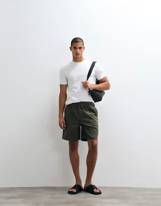 ARKET pull on drawstring cord shorts in khaki green