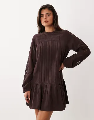 Nobody's Child Denise pointelle high neck paneled peplum hem mini dress in brown