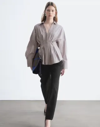 & Other Stories cinched waist peplum shirt in gray pinstripe