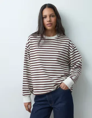 4th & Reckless cotton rich embroidered logo crew neck oversized long sleeve oversized t-shirt in brown & cream stripe