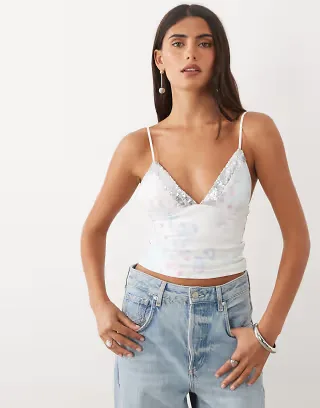 Tiger Mist Fenella sequined trim plunge neck cami top in vintage cherry floral