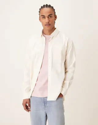 Farah Netherton long sleeve cord logo shirt in ecru