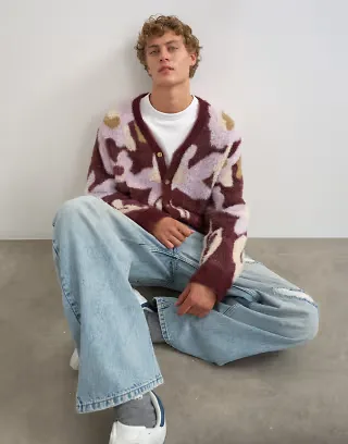 Topman relaxed fit fluffy floral cardigan in burgundy