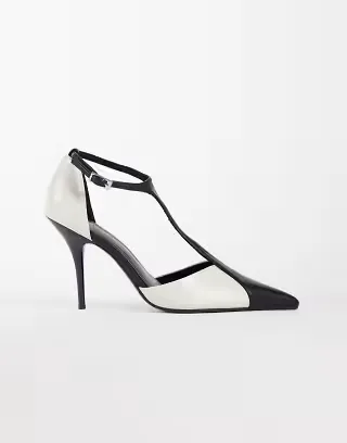 ASOS DESIGN Prize T bar stiletto high pumps in black and white
