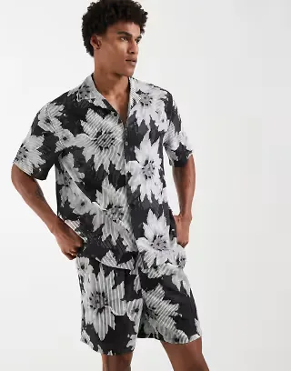 ASOS DESIGN relaxed revere shirt with floral print in black - part of a set