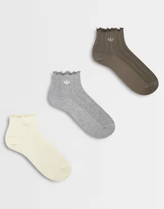 adidas Originals ruffle 3 pack ankle socks in neutral multi