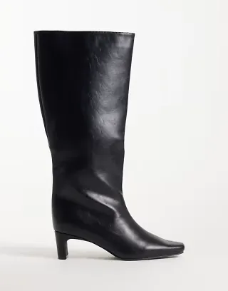 SEQWL Wide Fit Woody chisel toe knee high kitten heel boots in black