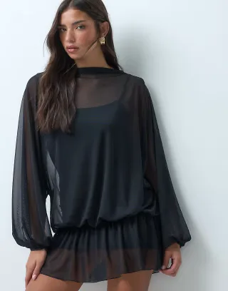 ASOS DESIGN mesh blouson drape mini dress in black