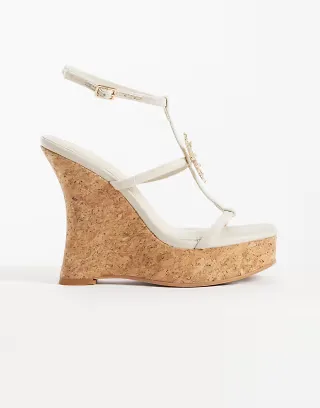 ASOS DESIGN Tia skinny wedge sandals with sun detail in natural