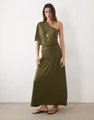 ASOS DESIGN off-shoulder slouchy midi dress in khaki