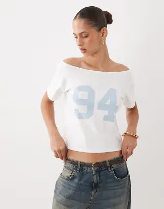 Cotton On sporty off the shoulder graphic tee in vintage white
