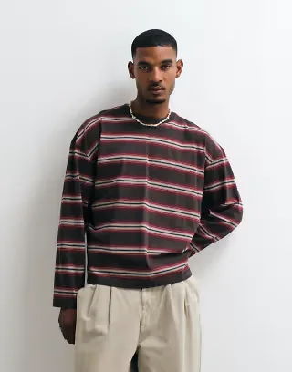 Weekday oversized long sleeve T-shirt in red and brown stripe