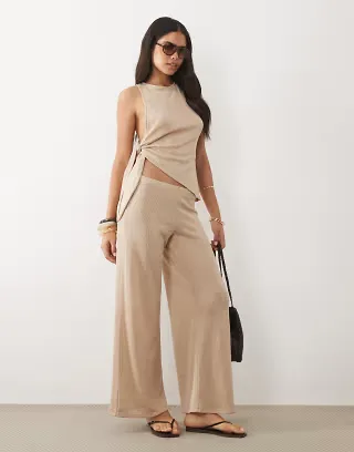 ASOS DESIGN textured wide leg pants in stone - part of a set