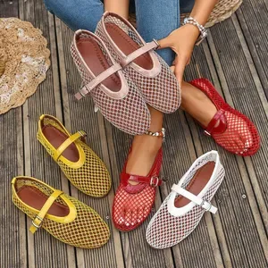 Cross-Border Large-Size Soft-Soled Breathable Shoes For Women, New Flat-Soled Hollow Mesh Mary Jane Shoes, Cross-Border