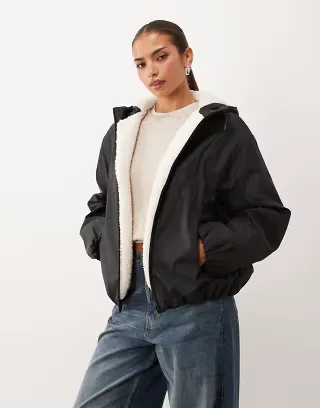 ASOS DESIGN rubberized shower resistant bomber jacket in black