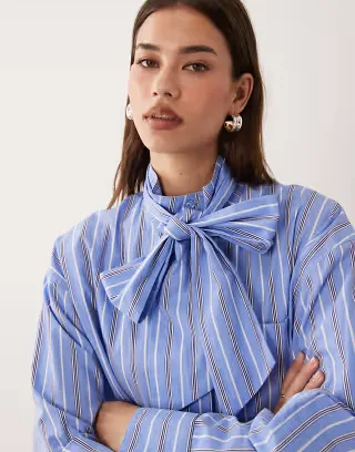 ASOS DESIGN funnel neck shirt with tie in stripes