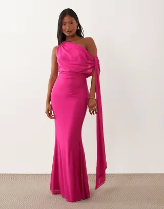 TFNC Petite mesh draped one shoulder tie detail maxi dress in pink