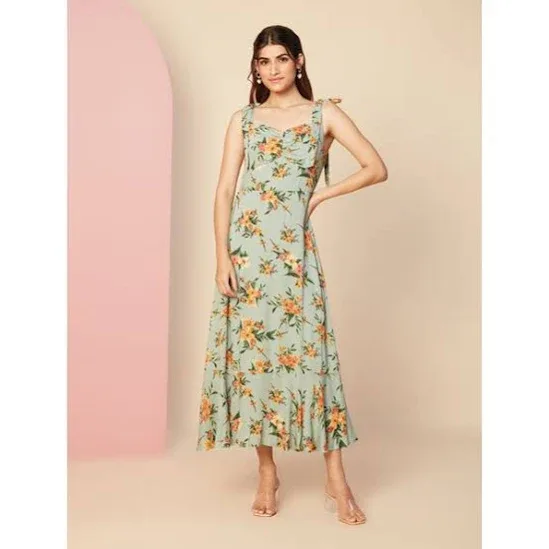 Twenty Dresses by Nykaa Fashion Green Floral Printed Fit And Flare Strappy Midi Dress At Nykaa Fashion - Your Online Sho