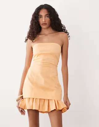 ASOS DESIGN Tall cotton sateen bandeau mini sundress with ruffle hem in orange spritz