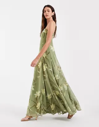ASOS DESIGN chiffon strappy maxi dress with deep godets in green floral