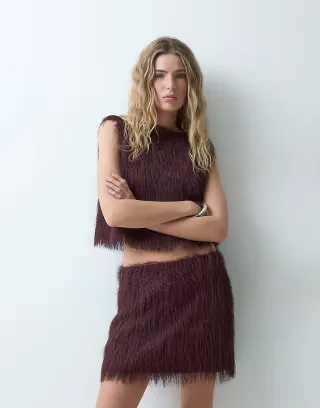 ASOS DESIGN fluffy mini skirt in burgundy