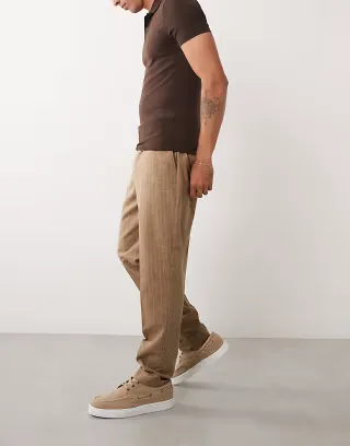 ASOS DESIGN linen smart tapered pants in brown pinstripe with elastic waist