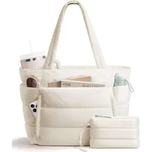 W Zipper Puffer Tote Bags - Lightweight Quilted Shoulder Handbags for Women - Work, School, Travel, Gym
