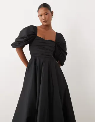 Lace & Beads Petite taffeta puff sleeve sweetheart neck gown in black