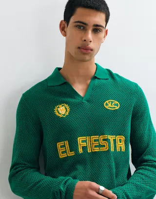 ASOS DESIGN relaxed open knit soccer-style notch neck long sleeve polo in green
