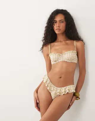ASOS DESIGN Imogen frilly hipster bikini bottoms in yellow plaid