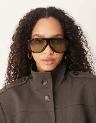 ASOS DESIGN wide temple aviator sunglasses in tort with green lenses