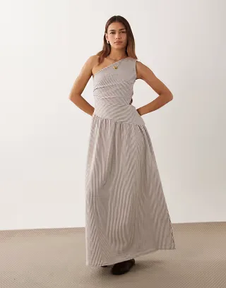 ASOS DESIGN one shoulder midaxi dress with cinched dropped hem in striped print