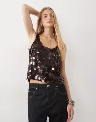 ASOS DESIGN embellished sequin scoop neck cami in chocolate