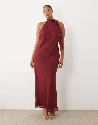 ASOS DESIGN Curve tie halter neck maxi dress in berry