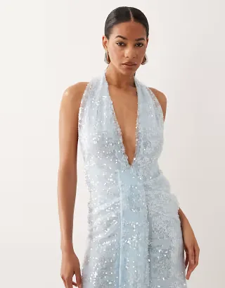 ASOS DESIGN sequin plisse plunge halter maxi dress with scarf detail in baby blue