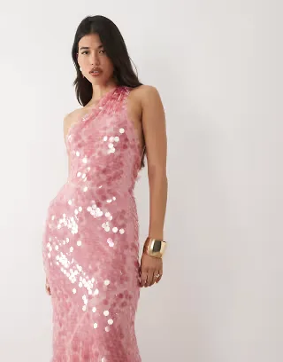 ASOS DESIGN sequined one shoulder maxi dress in pink
