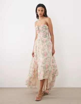 For Love & Lemons Lilou underwire corset detail asymmetric floaty hem maxi dress in pink floral