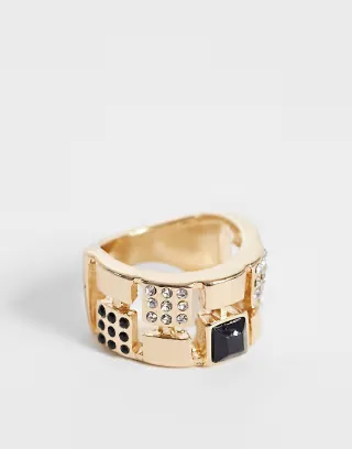 ASOS DESIGN Chunky ring with black stone set in vintage style gold tone