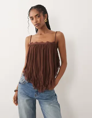 ASOS DESIGN crinkle floaty cami top with lace trim in chocolate