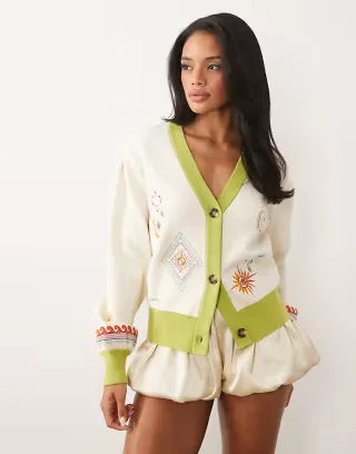 Never Fully Dressed V-neck button down embroidered knit cardigan in cream and green