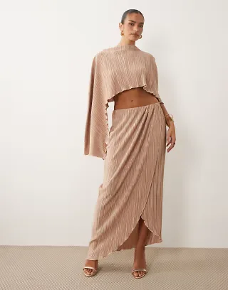 ASOS DESIGN plisse drape top and sarong style maxi skirt set in toffee